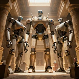 sci fi robot repair shop with huge robots, symmetrical design, full body, full profile, inside of an egyptian temple, from avatar ( 2 0 0 9 ), artstation, volumetric light, artstation, octane render, redshift render, low angle camera, intricate, 8 k, matte painting, volumetric lighting, cinematic composition, -