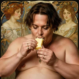 photography of extremely fat overweight obese!!! johnny depp eating butter, deep focus, intricate, elegant, highly detailed, digital painting, artstation, concept art, matte, sharp focus, illustration, art by artgerm and greg rutkowski and alphonse mucha