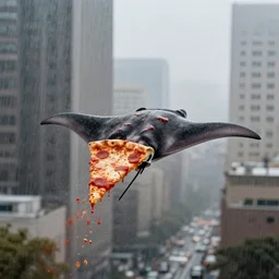 a manta ray made of pizza flies over downtown trailing pizza sauce rain, photo, detailed, 4k