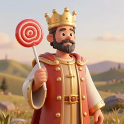 a portrait of a lollipop king wearing robes, hills in the background, golden hour, 3 d render, blender, unreal engine, highly detailed