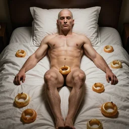 Shirtless bald man on bed with Onion rings everywhere, realistic artstyle, wide shot, dramatic lighting, octane render, hyperrealistic, high quality, highly detailed, HD, beautiful, cinematic, 8k, unreal engine, facial accuracy, symmetrical