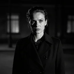 interrogation scene of noir film. detective woman in dark shadow. rim lighting. photo detective film, sharp focus, midnight, photo by maciej kuciara. front view. evil face. black white