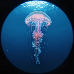 a cthulhu jellyfish swimming in the ocean, shutterstock contest winner, ecological art, bioluminescence, fisheye lens, wide lens, hyperrealistic
