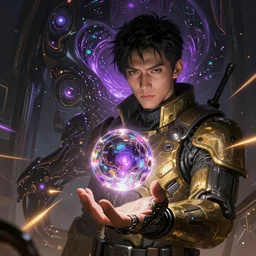 portrait sci-fi art by Moebius and Ruan Jia, a glowing alien liquid metal orb floating above the hand of a soldier, solar flares, futuristic environment, detailed and intricate environment, fractal biomech, cyberpunk, neon color, purple bioluminescence, gold and black metal, dramatic lighting, cinematic, high technology, highly detailed portrait, digital painting, artstation, concept art, smooth, sharp focus, ilustration, Artstation HQ