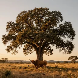 photorealistic concept art of a texas longhorn under one huge symmetrical oak tree with spreading branches taller than the hill side range, bird view, super long shot, concept art, golden, sacred, sacred, golden hour