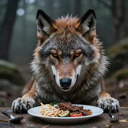A werewolf looking in disgust at his lunch