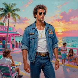 an oil painting of crockett and tubbs, eighties miami vice, southbeach nightclub, ultra realistic, highly detailed, sunset, masterpiece, cinematic by frank frazetta, greg rutkowski, beeple, christian macnevin, beeple, wlop, krenz cushart, epic fantasy character art, volumetric lighting, cgsociety, pink and teal