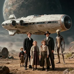 highly detailed, 268435456k film, 140mm still from a sci fi blockbuster color movie made in 2019, set in 1860, of a family standing in front of a spaceship that has just landed on an alien planet, a humanoid alien creature stands nearby, the family are all wearing 1860s era clothes, good lighting, good photography, ultra high definition