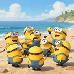 Minions at the beach, laughing and playing around, artist Thomas Kinkade,