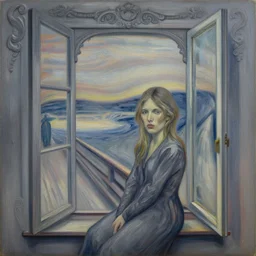 woman at the window, canvas, oil paint, ultra - wide angle, insanely detailed and intricate, hypermaximalist, elegant, ornate, hyper realistic, super detailed, gray, quiet, peace, artwork by edvard munch