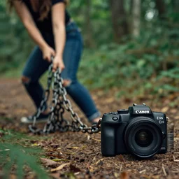 a closeup of a woman dragging a pile of chains, in a forest, by Omar Z. Robles, CANON Eos C300, ƒ1.8, 35mm, 8K, medium-format print