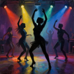 dark dancing silhuettes in a dance club, colorful lights, dramatic lighting, a lot of energy, oil painting, hyperrealistic, very detailed, high quality