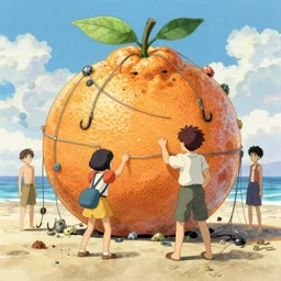 memorable animation key shot, illustration, paper texture, pencil lines, cell shaded anime men taming a giant citrus golem covered in fishing wire, hooks and barnacles at the beach, by mandy jurgens, by satoshi kon, ilya repin, lena aenami, shinji kimura, daylight pastel color palette, vibrant