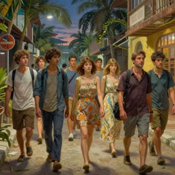 a cinematic extreme close - up of ( ( ( highly intricate painting of people in casual wear walking in the street ) ) ), tropical evening, fantasy art, highly detailed matte painting, telephoto lens 2 0 0 mm, by stanley artgerm lau, greg rutkowski, thomas kinkade, alphonse mucha, loish, norman rockwell, artstation