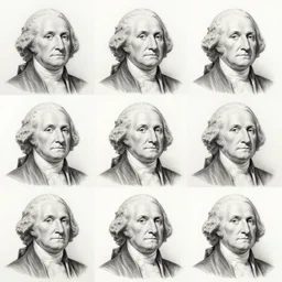 a 3 by 3 array of images featuring a pencil sketch of george washington's face on white paper, realistic, detailed, pencil strokes, pencil art, shading,
