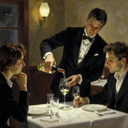 sommelier pouring a glass of wine for discerning guest at a fancy restaurant, picture in style of Edward Hopper,