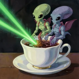 hyperrealist painting alien creatures flying in a teacup saucer shooting green lasers, studio ghibli 2 0 0 4 vibrant psychedelia