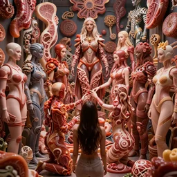 love, diverse meat cybersuits, from behind, connection rituals, wide wide angle, vivid, elaborate, highly detailed, beautiful lighting