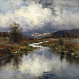 watercolor painting of small cold river, reflections, shallow mountains and dramatic white clouds, mythological art by hans gude, ambient lighting and shadows, art by hans dahl, by jesper ejsing, art by anders zorn, wonderful masterpiece by greg rutkowski, cinematic light, american romanticism by greg manchess, creation by tyler edlin