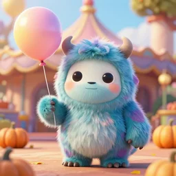 very beautiful portrait of a extremely cute and adorable fluffy chibi funny monster holding a ballon in amusement park, smooth, perfect face, fantasy, character design by mark ryden and pixar and hayao miyazaki, sharp focus, concept art, harvest fall vibrancy, intricate detail, cinematic lighting, hyperrealistic
