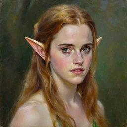 a movie still frame, of emma watson as a female elf, oil on linen, beautiful painting, by tooth wu, artgerm, fantasy concept art portrait, by bayard wu,