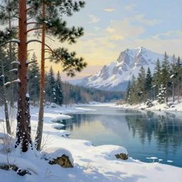 beautiful landscape with winter and lake and pine trees, mythology, fantasy, landscape background, vivid colors, digital painting, very detailed, realistic, high quality, by claude lorrain