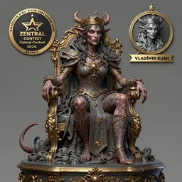an demon with a crown sitting on top of a table, a character portrait by vladimir kush, zbrush central contest winner, fantasy art, zbrush, dystopian art, rococo
