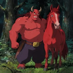 an oafish demon next to a red horse in a dark forest | bekinski anime studio ghibli gottfried helnwein painting film cinematic 4 k