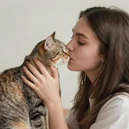 photo, a girl kissing cat.