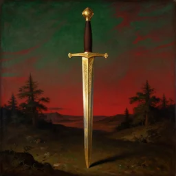 medieval painting of a sword covered in gold on a green and red background