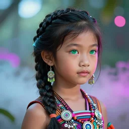 a stunning portrait of a cute little Hawaiian girl with a beautiful braid and dreamy emerald eyes, wearing traditional attire and beautiful ornaments, vibrant neon fogs and light in the bokeh background, 85mm photography style, photorealistic, digital painting, smooth, well focused, volumetric soft lighting, Afrofuturism style, artstation HD, 8K
