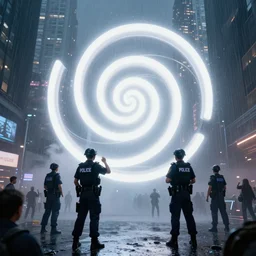 policemen protecting a huge spiral - shaped bright white luminous attractor that is floating right in the center of the city from protesting people,, rain and light fog, professional lighting, concept art in 3 d, high detail, professional lighting, unreal engine