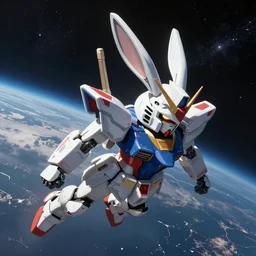 rabbit shaped gundam flying through space, from the anime film gundam
