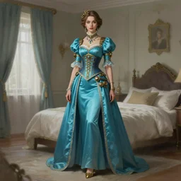 woman model, steampunk clothes, cyan, in a bedroom!!!!!!!!!!!!!!!!!!!!, elegant, highly detailed, digital painting, artstation, concept art, smooth, sharp focus, illustration, art by krenz cushart and artem demura and alphonse mucha