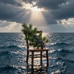 A juniper berry sat on a chair in the middle of the ocean