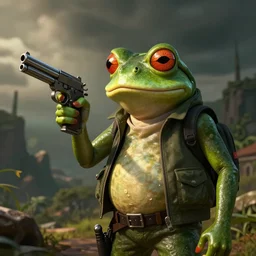 a frog mafia boss holding gun. instagram photo shoot