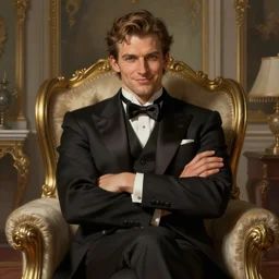 a smug noble man smirking. confidently crossed arms. siting in his living room. intricate, elegant, highly detailed, digital painting, artstation, concept art, sharp focus, illustration, by justin gerard and artgerm, 8 k