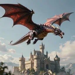 dragon flying above the castle, dnd, photorealistic, ultra detailed, trending on artstation, concept art, octane render, unreal engine, by shinji aramaki, by christopher balaskas, by krenz cushart