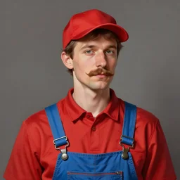 a portrait of a man with a mustache wearing a red shirt, blue overalls, and a red cap, fantasy, elegant, crisp 8 k line art, digital painting, concept art, matte, sharp focus, hyper realistic lighting, illustration, art by anton semenov