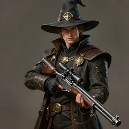 an anthropomorphic beautiful male soldier wizard portrait holding a science fiction sniper rifle wearing long jacket fine art, award winning, intricate, elegant, sharp focus, octane render, hyperrealistic, wizard hat cinematic lighting, highly detailed, digital painting, 8 k concept art, art by jamie hewlett and z. w. gu, masterpiece, trending on artstation, 8 k