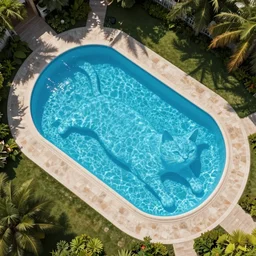 drone footage of an outdoor swimming pool in the shape of a cat, an outdoor swimming pool imitating a cat