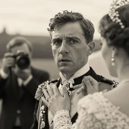 Closeup intermediate shot, coloured black and white, historical fantasy photographic image of a royal wedding of the groom who is waiting for his wife while appearing utterly afraid. An image from 1907 taken during the royal wedding's official wedding photographer's golden hour displays warming lighting. cinema, hyper realistic, ultra realistic, photorealistic, facial actuary.