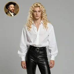 clean cel shaded art of a pale androgynous blond young man, long fluffy curly blond hair, light platinum long blond hair, wearing black leather riding pants and a white poet shirt, Alexandre Cabanel, norman rockwell, peter paul rubens, maler collier, frank frazetta, alphonse mucha, gustav klimt 4k, unreal 5, DAZ, french noveau, trending on artstation, octane render, hyperrealistic