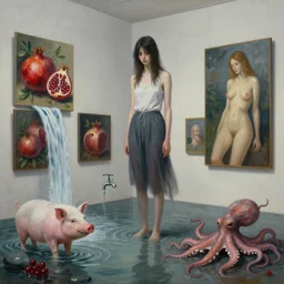 painting of a flooded art gallery, painting of a tall emo girl, paintings on the wall, pomegranates, waterfall, faucet, pigs, octopus, berries, stones, sensual, surrealist, by magritte and monet