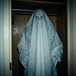grainy photo of figure with a sheet over it as a creepy monster in a closet, harsh flash