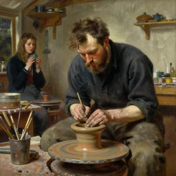 oil painting of potter working on a beautiful piece in their workshop, art by anders zorn, wonderful masterpiece by greg rutkowski, beautiful cinematic light, american romanticism by greg manchess, jessica rossier and norman rockwell