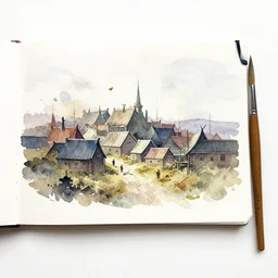 small centered on watercolor paper, paint brush strokes, abstract watercolor painting of western viking town, midday sharp light, dust, cinematic light, american romanticism by hans dahl, by jesper ejsing, by anders zorn, by greg rutkowski, by greg manchess, by tyler edlin