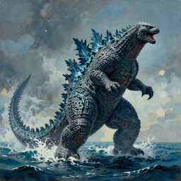 oil painting of Godzilla rising from the ocean, epic scene, gigantic monster, peter mohrbacher