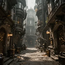 Steampunk city alley By Konstantin Razumov, highly detailded