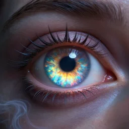 a beautiful detailed 3 d matte closeup of a magical eye by ellen jewett, by tomasz alen kopera, ominous, magical realism, texture, intricate, whirling smoke, radiant colors, fantasy, volumetric lighting, high details